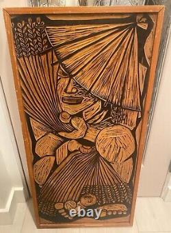 Mid Century South Pacific Carved Wood 2 Sided Panel Achitectural/Printmaking