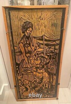 Mid Century South Pacific Carved Wood 2 Sided Panel Achitectural/Printmaking