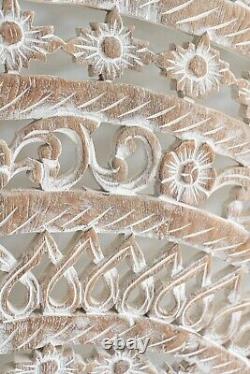 Moroccan Carved Teak Wood Headboard, Whitewash California King Size Panel, 72 in