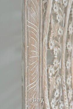 Moroccan Carved Teak Wood Headboard, Whitewash California King Size Panel, 72 in
