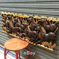 New 35x13 Horses Teak Wood Carved Wall Decor Thick Handicraft Art Wall Panel