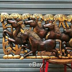 New 35x13 Horses Teak Wood Carved Wall Decor Thick Handicraft Art Wall Panel