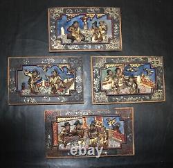 Nice Set of 4 Vintage Chinese 3D Carving Wood Panels Hanging Asian Antique