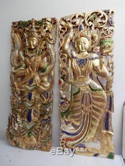 OLD carved wood EASTERN ASIAN gold gilt panels PAIR