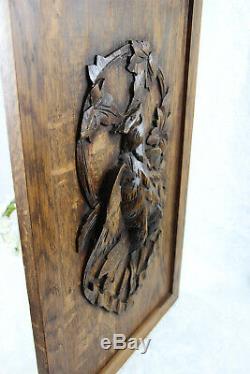 OLD german black forest oak wood carved wall plaque hunt bird panel