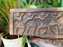 Old Ancient Hand Carved Wooden Dancing Tribal Figure Wall Panel 16.5 x 5.5'