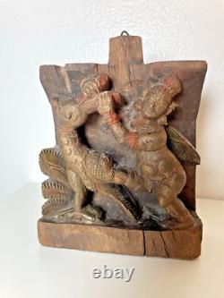 Old Carved Wood Hindu God Wall Panel Hanging or Table Top Decor