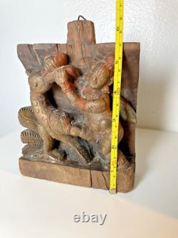 Old Carved Wood Hindu God Wall Panel Hanging or Table Top Decor