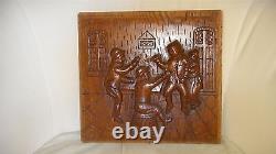 Old Dutch Antique High Relief Carved Oak Wood Furniture Panel Tavern Scene