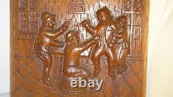 Old Dutch Antique High Relief Carved Oak Wood Furniture Panel Tavern Scene