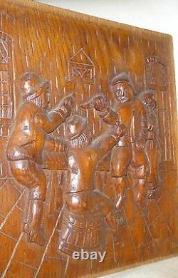 Old Dutch Antique High Relief Carved Oak Wood Furniture Panel Tavern Scene