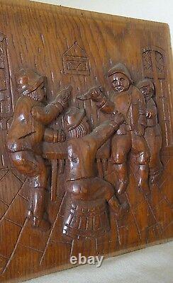 Old Dutch Antique High Relief Carved Oak Wood Furniture Panel Tavern Scene