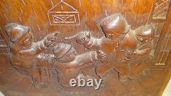 Old Dutch Antique High Relief Carved Oak Wood Furniture Panel Tavern Scene