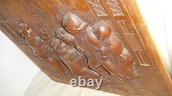 Old Dutch Antique High Relief Carved Oak Wood Furniture Panel Tavern Scene