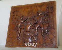 Old Dutch Antique High Relief Carved Oak Wood Furniture Panel Tavern Scene