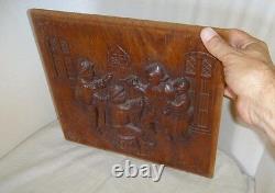 Old Dutch Antique High Relief Carved Oak Wood Furniture Panel Tavern Scene