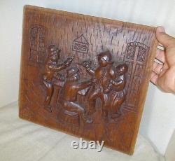 Old Dutch Antique High Relief Carved Oak Wood Furniture Panel Tavern Scene