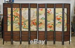Old, Early 20th Century Chinese Flora Embroidered Eight-Panel Carved Wood Screen