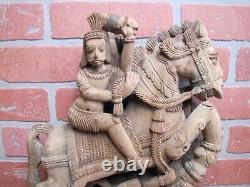 Old Hand Carved Asian Wooden Art Panel Figural Horse Warrior Rider Ornate Detail