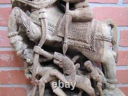 Old Hand Carved Asian Wooden Art Panel Figural Horse Warrior Rider Ornate Detail