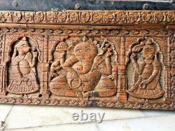 Old Vintage Ancient Wood Fine Hand Carved Hindu God Ganesha Figure Door Panel