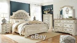 Old World Antique White Bedroom Furniture 5pcs with King Fabric Panel Bed IA0D