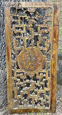 Oriental Antique Hand Carved & Painted Open Work Wooden Panel Floral 38 5/8