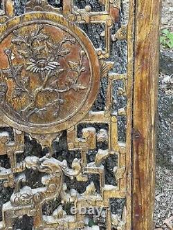 Oriental Antique Hand Carved & Painted Open Work Wooden Panel Floral 38 5/8