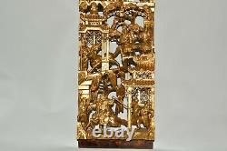 Oriental Deep Wood Carved Panel Gold Leaf Paint Chinese Japanese Hunting Scene