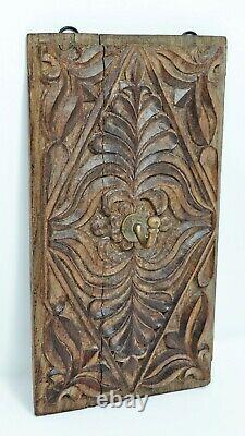 Original Old Antique Fine Hand Carved Wooden Panel With Brass Hook Hanger