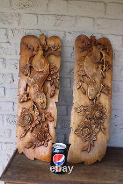 PAIR 1950s german black forest wood carved wall panel plaque animal hunt