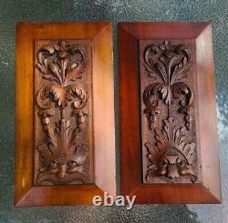 PAIR (2) Antique Carved Architectural Solid Wood Panels with Faces 6 x 10.75