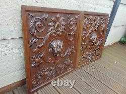 PAIR ANTIQUE 19th CENTURY FRENCH CARVED GOTHIC LION CHIMERA HEAD WOODEN PANELS