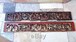 PAIR ANTIQUE19c CHINESE WOOD CARVED PIERCED GILT TEMPLE PANELS OF COURT SCENE