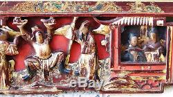 PAIR ANTIQUE19c CHINESE WOOD CARVED PIERCED GILT TEMPLE PANELS OF COURT SCENE