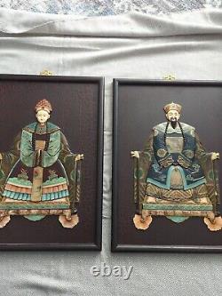 PAIR! Antique Chinese Ancestor Inlaid Wood Panels Plaques