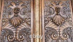 PAIR OF LARGE ANTIQUE SOLID OAK CARVED WOOD PANELS CARVINGS FRAMED 1890 25x12.5