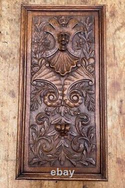 PAIR OF LARGE ANTIQUE SOLID OAK CARVED WOOD PANELS CARVINGS FRAMED 1890 25x12.5