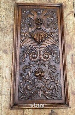 PAIR OF LARGE ANTIQUE SOLID OAK CARVED WOOD PANELS CARVINGS FRAMED 1890 25x12.5