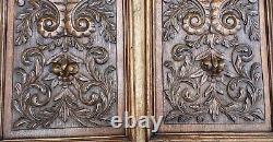 PAIR OF LARGE ANTIQUE SOLID OAK CARVED WOOD PANELS CARVINGS FRAMED 1890 25x12.5