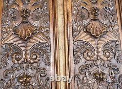 PAIR OF LARGE ANTIQUE SOLID OAK CARVED WOOD PANELS CARVINGS FRAMED 1890 25x12.5