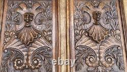 PAIR OF LARGE ANTIQUE SOLID OAK CARVED WOOD PANELS CARVINGS FRAMED 1890 25x12.5