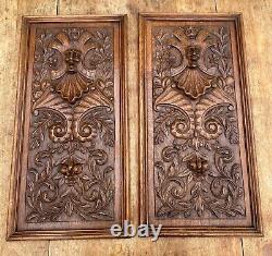 PAIR OF LARGE ANTIQUE SOLID OAK CARVED WOOD PANELS CARVINGS FRAMED 1890 25x12.5