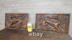 PAIR antique wood carved relief mythological dragon plaques Panels gothic
