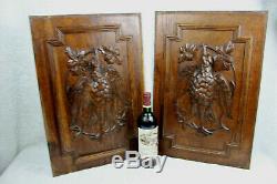 PAIR black forest wood carved door cabinet panels Bird hunting trophy