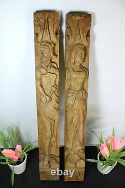 PAIR wood carved cabinet ornaments panels man lady figural