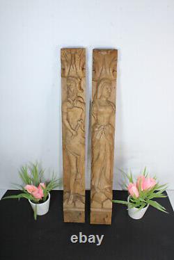 PAIR wood carved cabinet ornaments panels man lady figural