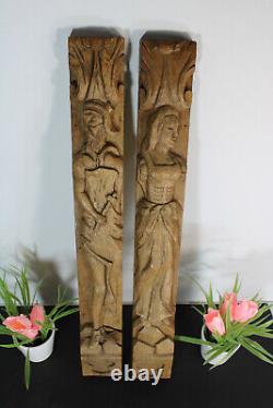 PAIR wood carved cabinet ornaments panels man lady figural