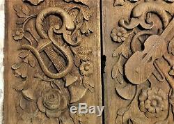 Pair 17th flower music trophy carving panel Antique french architectural salvage