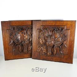 Pair Antique Black Forest Hand Carved Wood Panel Hunting Wall Plaque Bird, Fish